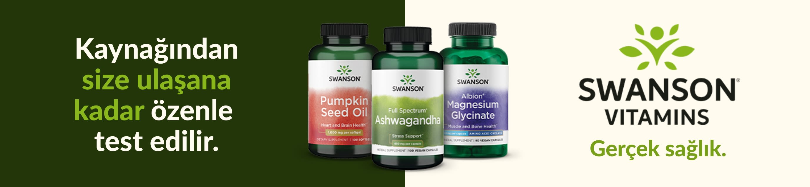 Swanson Vitamins takviyeleri, kabak çekirdeği yağı, ashwagandha ve magnezyum glisinat ürünleriyle iyi yaşam temalı marka görseli.