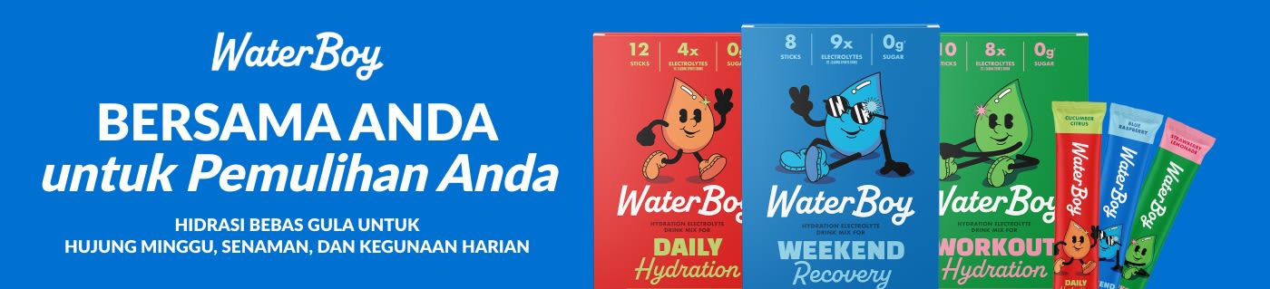 Dapatkan campuran minuman elektrolit WaterBoy untuk hidrasi harian dan pemulihan aktif.
