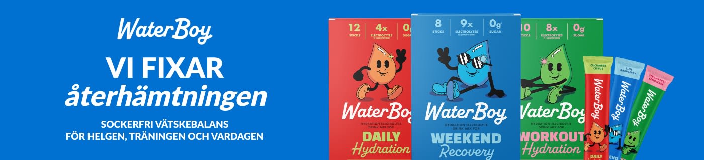 WaterBoy elektrolytdryckspulver för daglig vätskebalans och aktiv återhämtning.