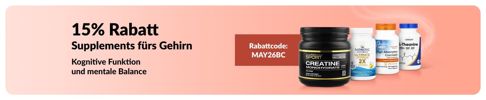Banner mit 15% Rabatt auf Nahrungsergänzungsmittel für das Gehirn mit Code MAY26BC und ausgewählten Produkten.