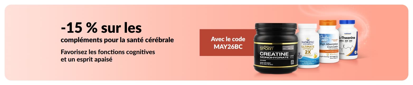 Bannière promo avec -15 % sur des compléments pour la santé cérébrale avec le code MAY26BC et une sélection de produits.