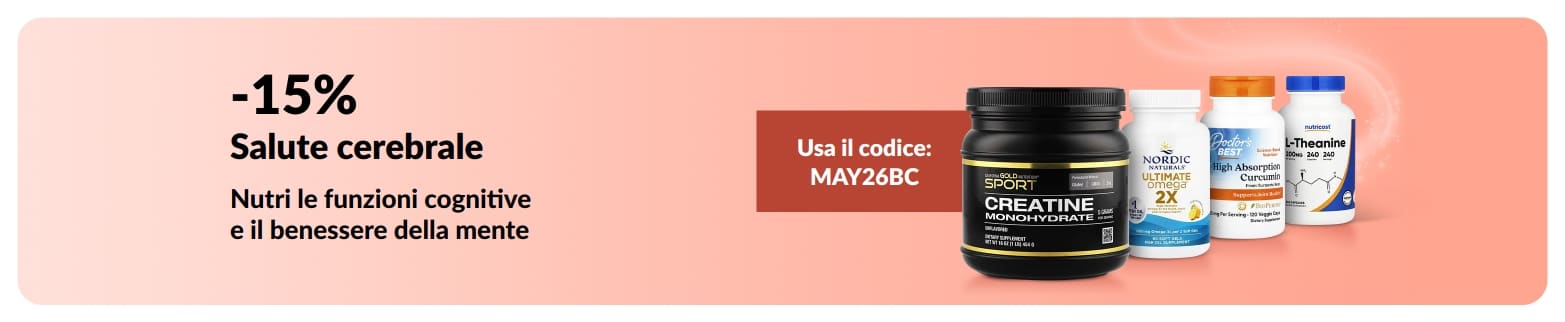 Banner che promuove il 15% di sconto sugli integratori per la salute del cervello, con codice promozionale MAY26BC e prodotti in evidenza.