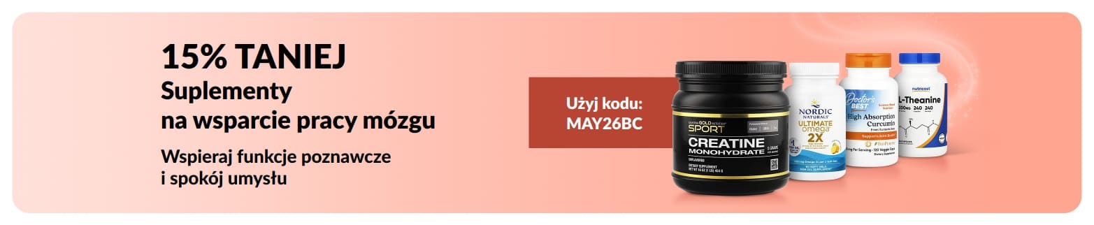 Baner promujący 15% zniżki na suplementy wspierające zdrowie mózgu z kodem promocyjnym MAY26BC oraz wybrane produkty.