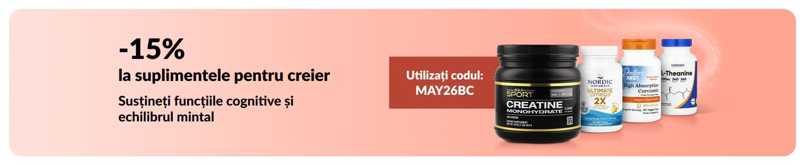 Banner cu 15% reducere la suplimentele pentru sănătatea creierului cu codul MAY26BC și suplimente evidențiate.