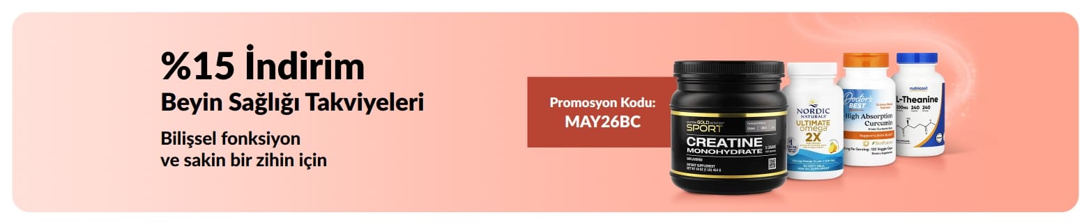 MAY26BC promosyon koduyla beyin sağlığı takviyelerinde %15 indirim sunan ve öne çıkan takviye ürünlerinin yer aldığı banner.