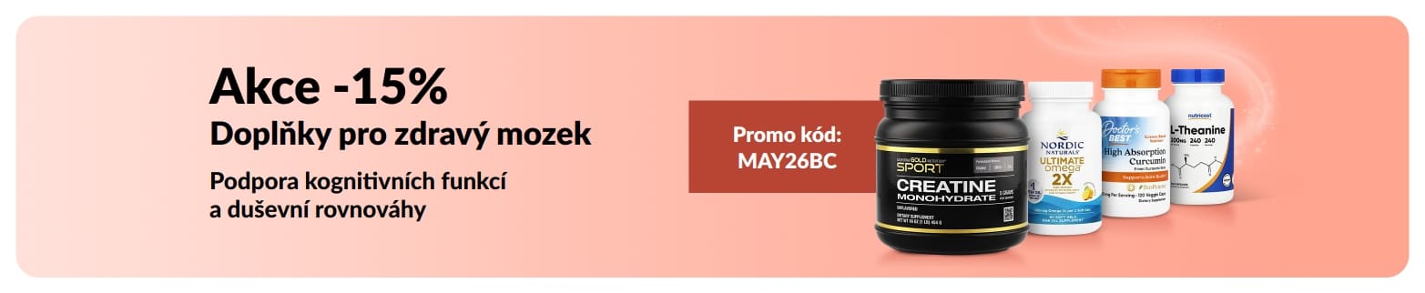 Banner propagující 15% slevu na doplňky stravy pro zdravý mozek s promo kódem MAY26BC a vybranými produkty.