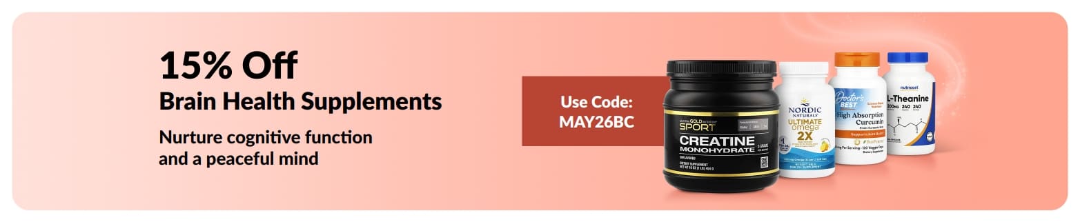 Banner promoting 15% off brain health supplements with promo code MAY26BC and featured supplement products.