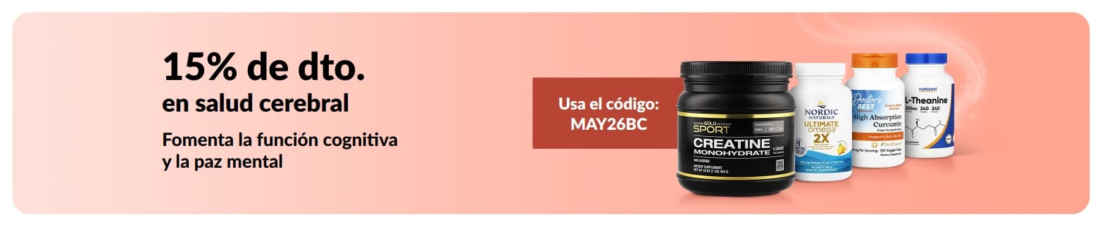 Banner que promociona un 15 % de descuento en suplementos para la salud cerebral con el código MAY26BC y productos destacados.