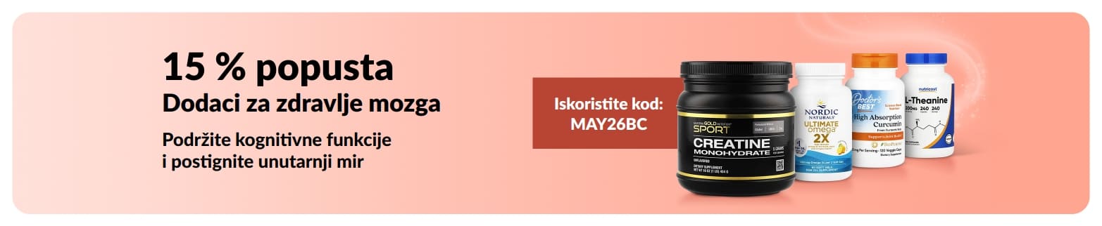 Reklamni natpis koji promovira 15 % popusta na dodatke prehrani za zdravlje mozga uz promo kod MAY26BC s prikazom proizvoda iz ponude.