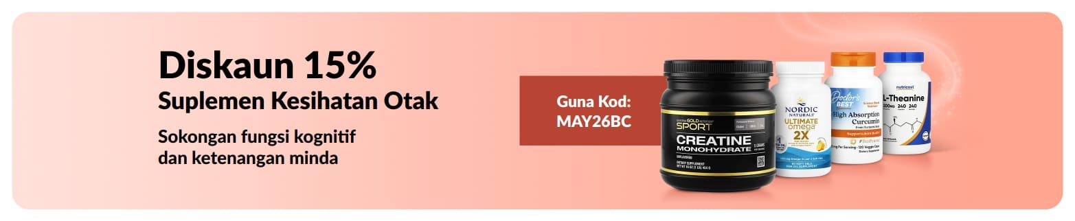 Sepanduk mempromosikan diskaun 15% suplemen kesihatan otak dengan kod promosi MAY26BC serta paparan produk suplemen.