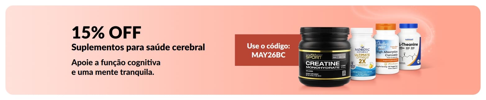 Banner promocional oferecendo 15% OFF em suplementos para saúde cerebral com o código MAY26BC e produtos em destaque.
