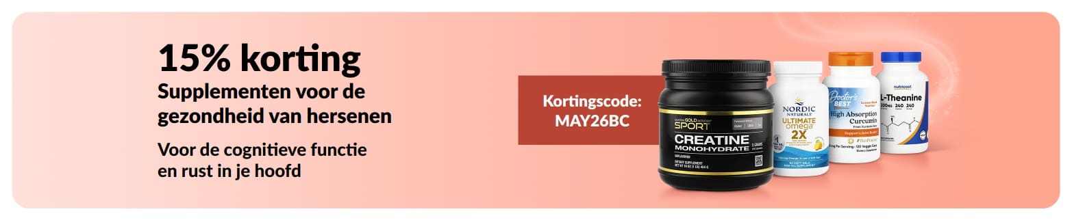 Banner met 15% korting op hersenen en cognitie supplementen met iHerb-kortingscode MAY26BC en aanbevolen supplementen.