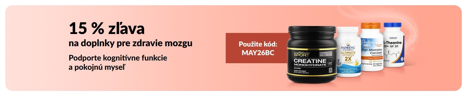 Baner propagujúci 15 % zľavu na výživové doplnky pre zdravie mozgu s promo kódom MAY26BC, zobrazujúci výživové doplnky.