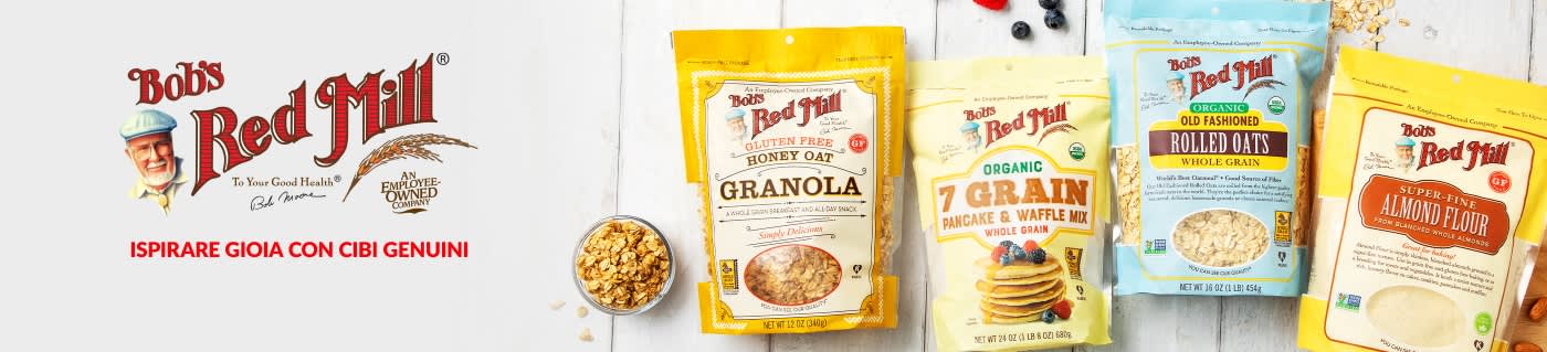 Bob’s Red Mill banner showcasing granola, pancake mix, rolled oats, and almond flour with slogan “Inspiring Joy with Wholesome Foods.
