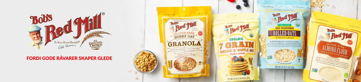 Bobs Red Mill-banner som viser granola, pannekakemiks, havregryn og mandelmel med slagordet «Fordi gode råvarer skaper glede».