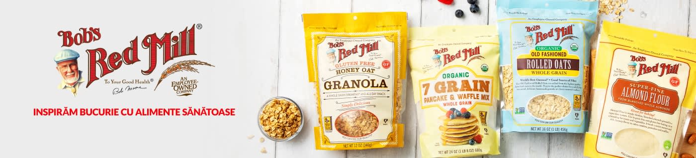 Bob’s Red Mill banner showcasing granola, pancake mix, rolled oats, and almond flour with slogan “Inspiring Joy with Wholesome Foods.