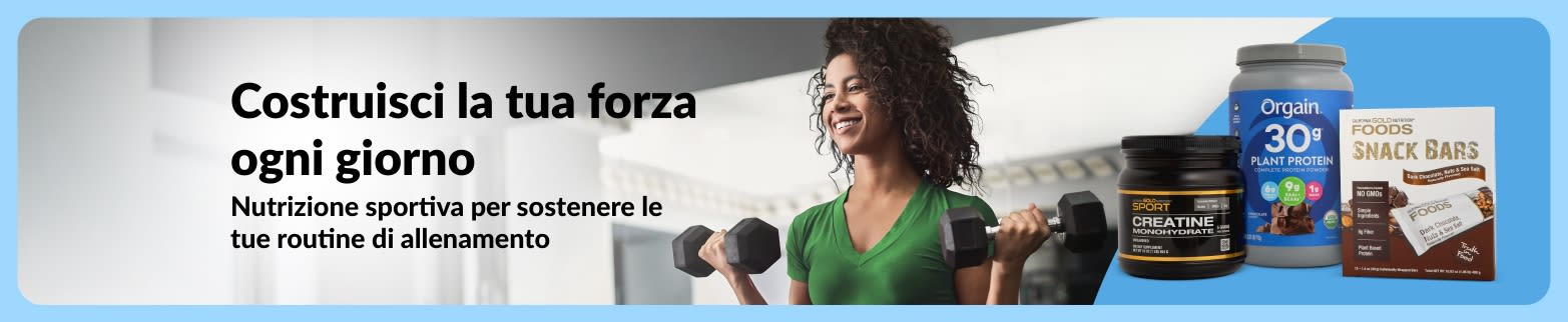 Immagine di una donna che solleva dei manubri in palestra. L'immagine è sovrapposta alla foto di alcuni prodotti di nutrizione sportiva e alla frase 