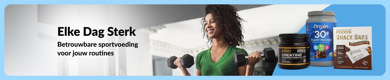 Een vrouw tilt halters op in een sportschool naast sportvoedingsproducten, met de tekst: 