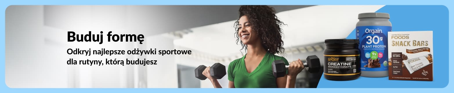 Osoba trenująca z hantlami na siłowni obok produktów dla sportowców, z tekstem: „Buduj formę. Odkryj najlepsze odżywki sportowe dla rutyny, którą budujesz