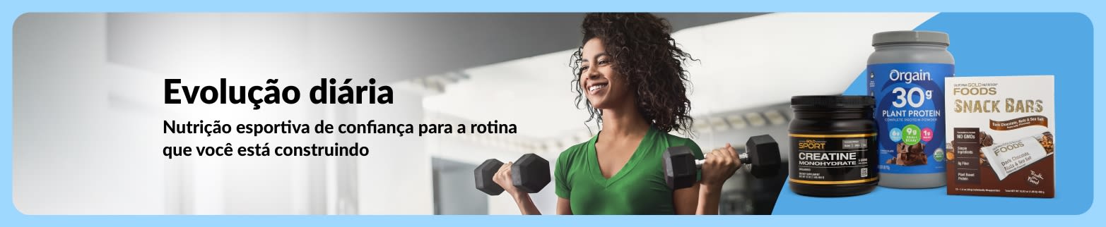 Mulher levantando halteres em uma academia, ao lado de produtos de nutrição esportiva, com o texto “Evolução diária. Nutrição esportiva de confiança para a rotina que você está construindo.”