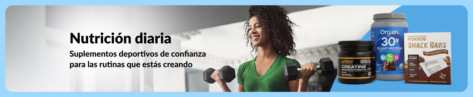 Mujer levantando mancuernas en un gimnasio junto a productos de nutrición deportiva; la imagen incluye el texto: “Nutrición diaria: Suplementos deportivos de confianza para las rutinas que estás creando”.