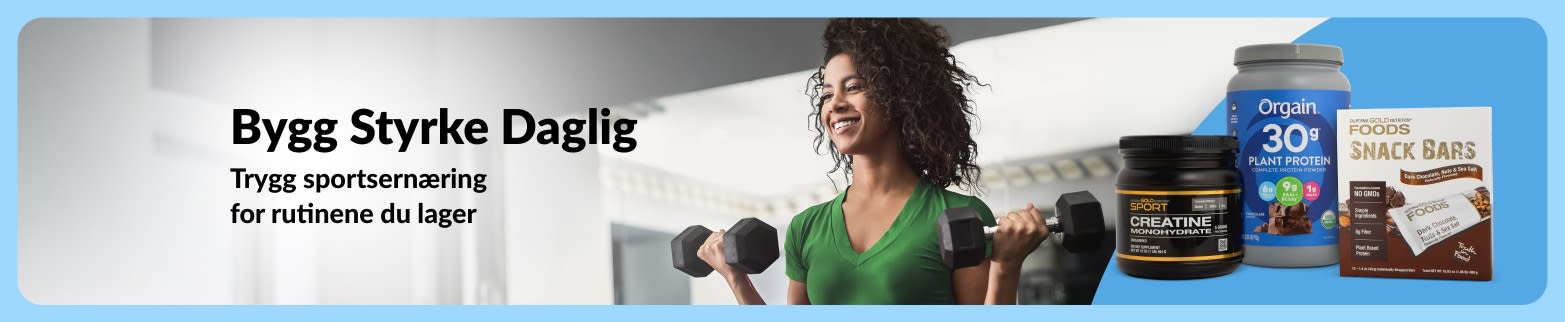 Kvinne som løfter manualer på et treningssenter ved siden av sportsernæringsprodukter, med teksten «Bygg Styrke Daglig. Trygg sportsernæring for rutinene du skaper.»