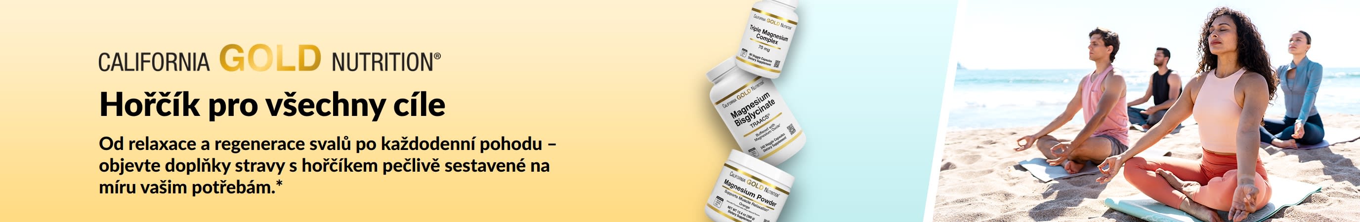 Banner California Gold Nutrition: Hořčík pro všechny cíle. Obsahuje 3 balení doplňků stravy a lidi cvičící jógu.