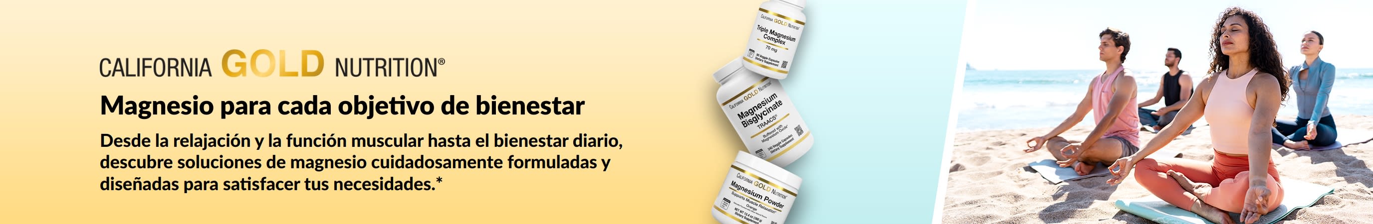 California Gold Nutrition: Magnesio para cada objetivo de bienestar. Con 3 frascos de suplementos y personas haciendo yoga.