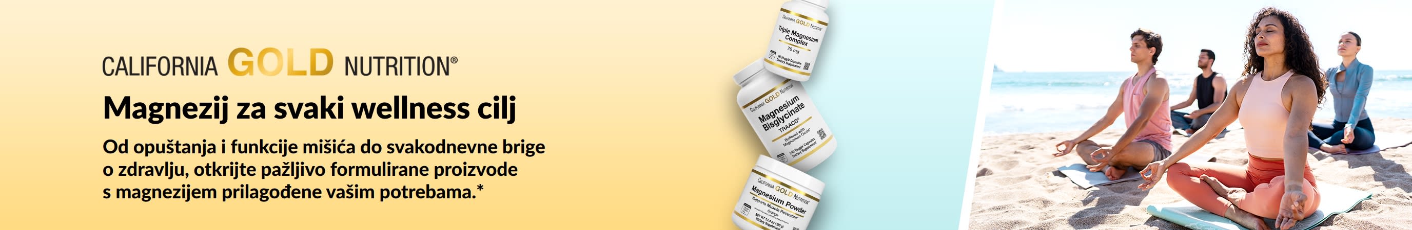 Natpis brenda California Gold Nutrition: Magnezij za svaki wellness cilj s prikazom 3 bočice dodataka prehrani s magnezijem i ljudi koji vježbaju jogu.