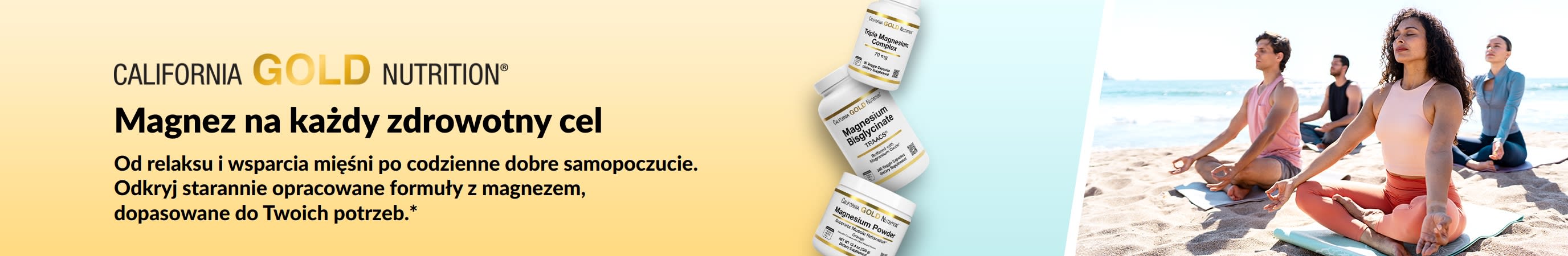 Baner California Gold Nutrition: Magnez na każdy cel zdrowotny. Przedstawia 3 opakowania suplementów z magnezem i ludzi ćwiczących jogę