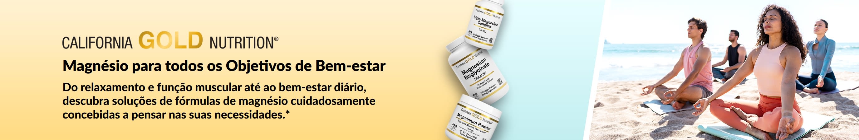 Banner de California Gold Nutrition: Magnésio para todos os Objetivos de Bem-estar. Inclui 3 embalagens de suplemento e pessoas a fazer yoga.
