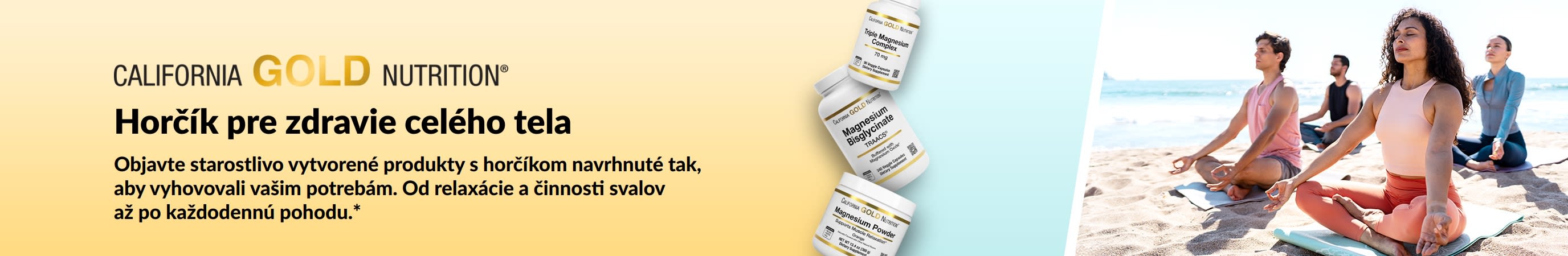 California Gold Nutrition baner: Horčík pre zdravie celého tela. S 3 výživovými doplnkami a ľuďmi cvičiacimi jogu.