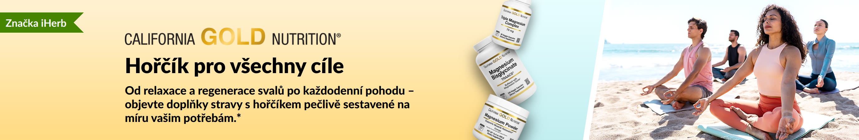 Banner California Gold Nutrition: Hořčík pro všechny cíle. Obsahuje 3 balení doplňků stravy a lidi cvičící jógu.