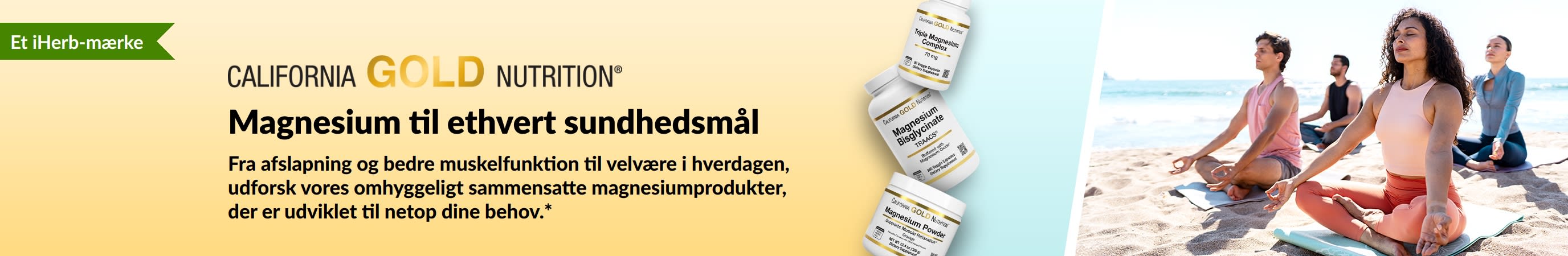 California Gold Nutrition-banner: Magnesium til alle sundhedsmål. Viser 3 flasker med kosttilskud og mennesker, der dyrker yoga.