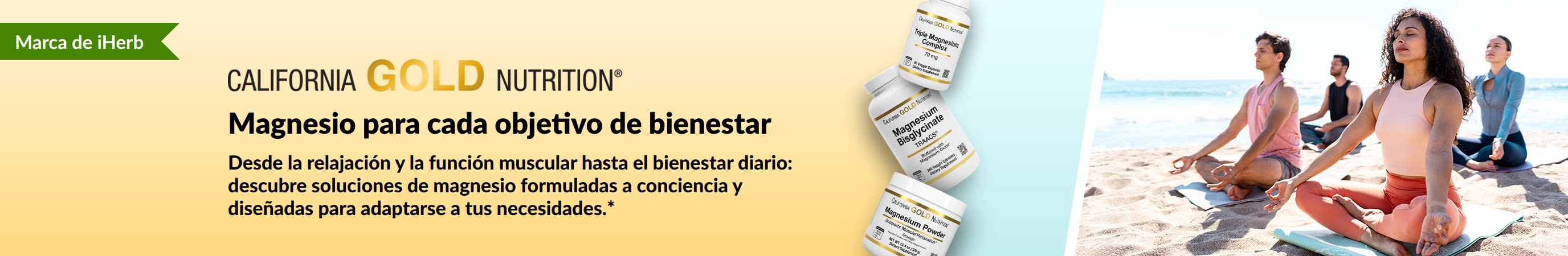 Banner de California Gold Nutrition: Magnesio para cada objetivo de bienestar. Incluye 3 frascos de complementos alimenticios y personas haciendo yoga.