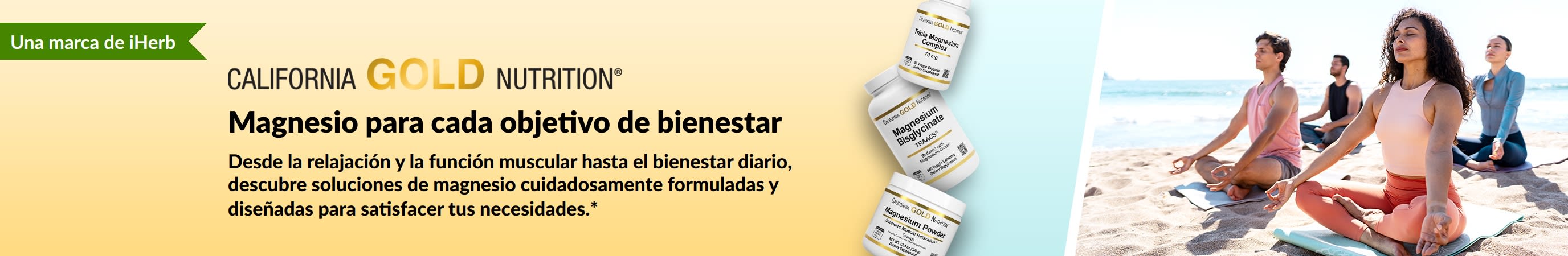 California Gold Nutrition: Magnesio para cada objetivo de bienestar. Con 3 frascos de suplementos y personas haciendo yoga.