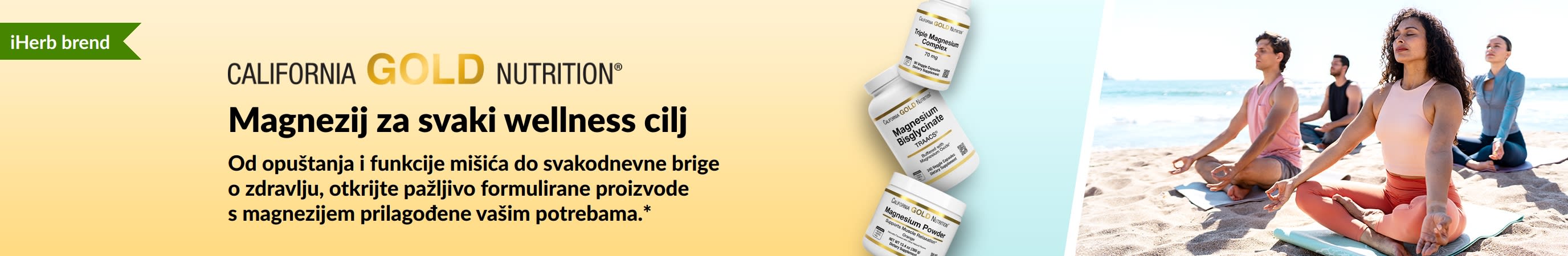Natpis brenda California Gold Nutrition: Magnezij za svaki wellness cilj s prikazom 3 bočice dodataka prehrani s magnezijem i ljudi koji vježbaju jogu.