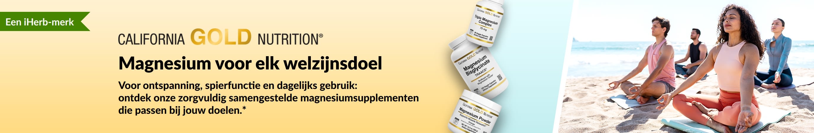Banner van California Gold Nutrition: Magnesium voor elk gezondheidsdoel. Met 3 flesjes supplementen en mensen die yoga doen.