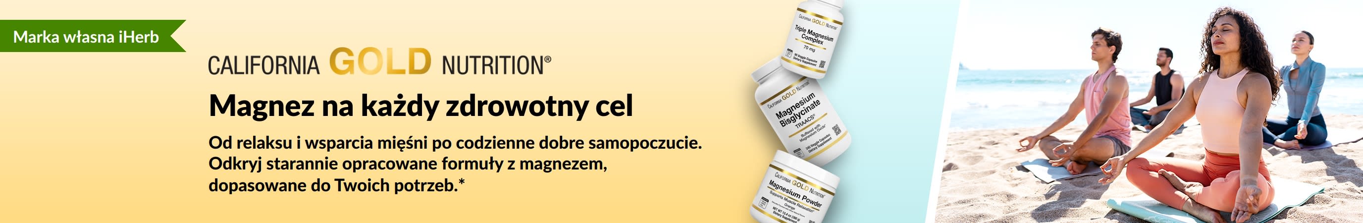Baner California Gold Nutrition: Magnez na każdy cel zdrowotny. Przedstawia 3 opakowania suplementów z magnezem i ludzi ćwiczących jogę