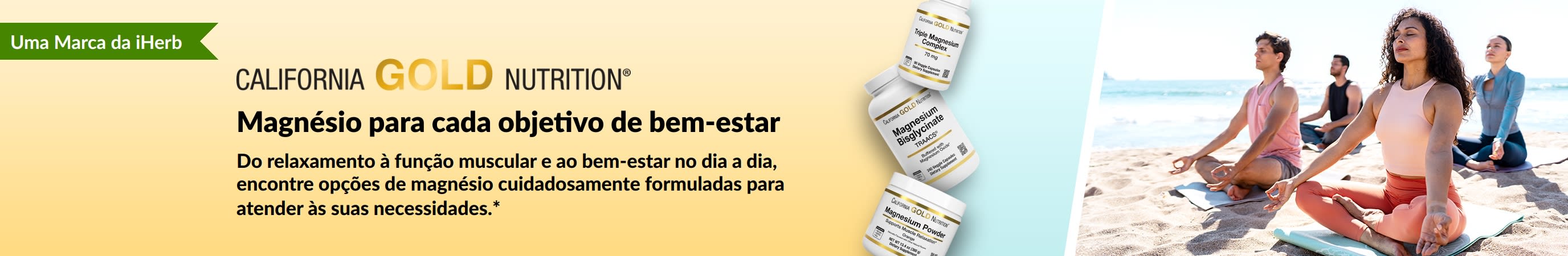 Banner da California Gold Nutrition: Magnésio para cada objetivo de bem-estar. Apresenta três frascos de suplementos e pessoas praticando yoga.