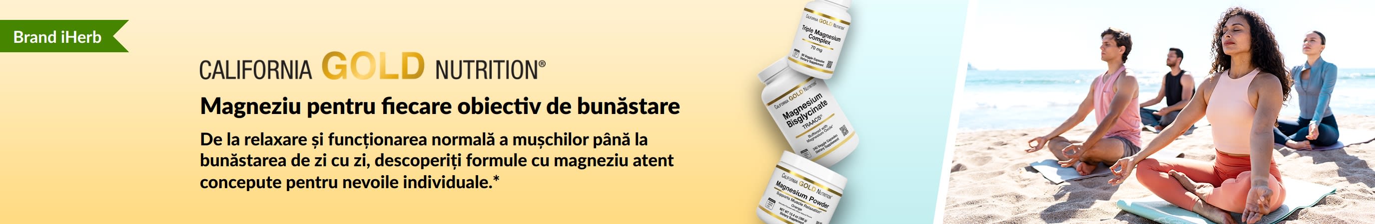 Banner California Gold Nutrition: Magneziu pentru fiecare obiectiv de bunăstare. Cu 3 suplimente de magneziu și persoane ce fac yoga.