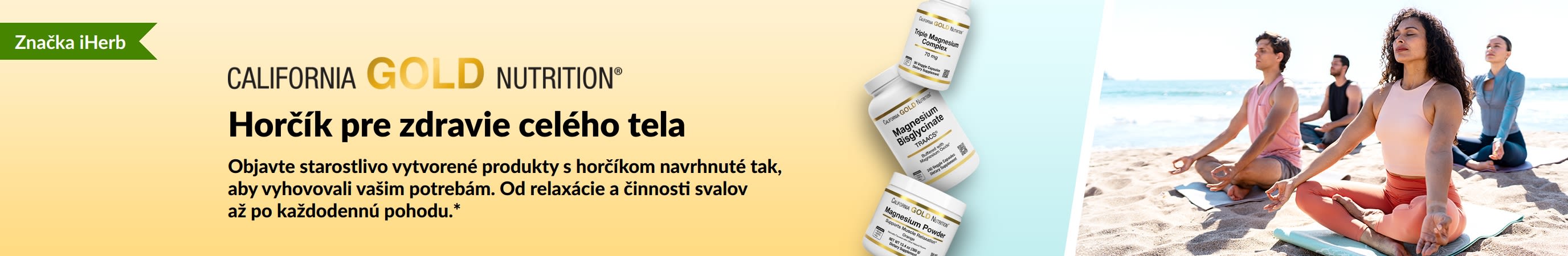 California Gold Nutrition baner: Horčík pre zdravie celého tela. S 3 výživovými doplnkami a ľuďmi cvičiacimi jogu.
