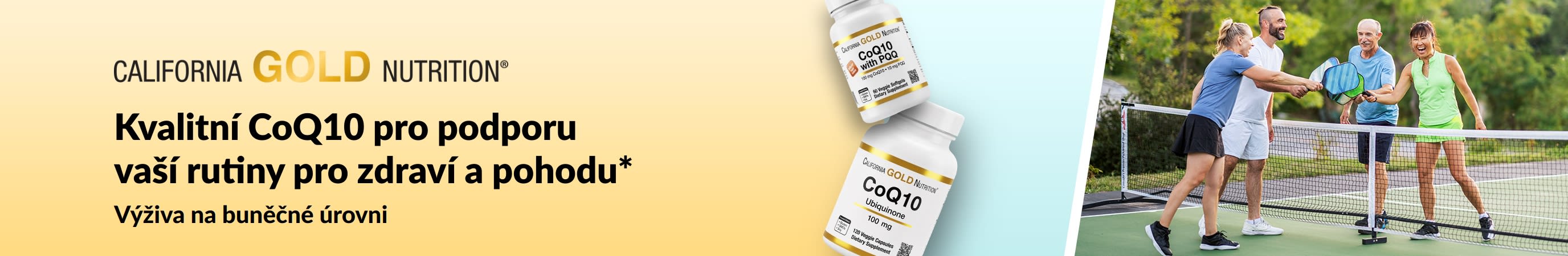 Doplňky stravy California Gold Nutrition CoQ10 pro zdraví a pohodu s baleními produktů a aktivními lidmi hrajícími pickleball.
