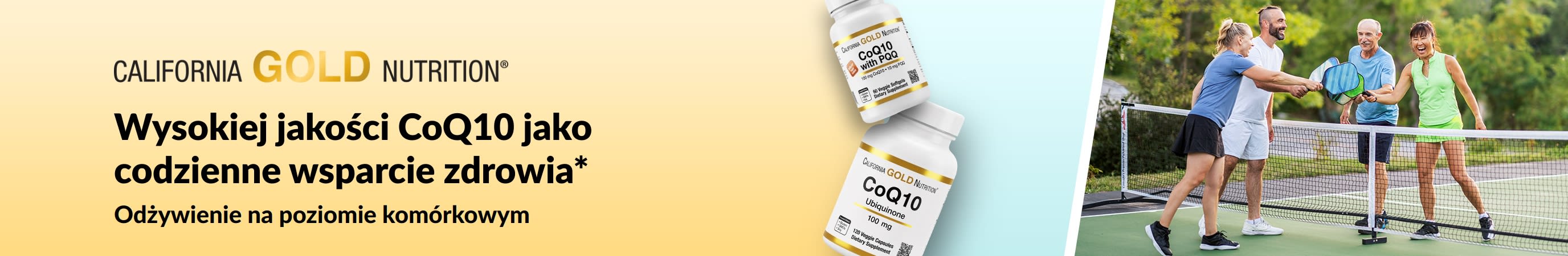 Suplementy CoQ10 od California Gold Nutrition wspierające dobre samopoczucie, przedstawiające butelki z produktami oraz aktywnych dorosłych grających w pickleball.
