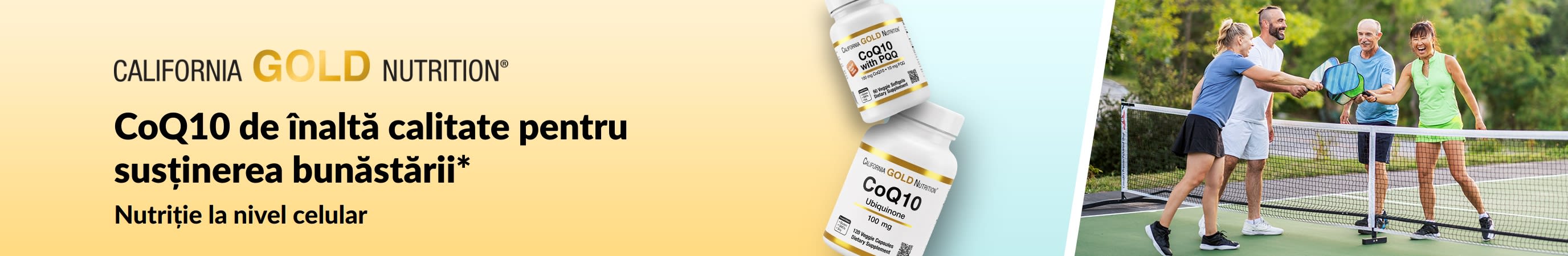 Suplimente California Gold Nutrition cu CoQ10 pentru wellness, cu produse și adulți activi jucând pickleball.