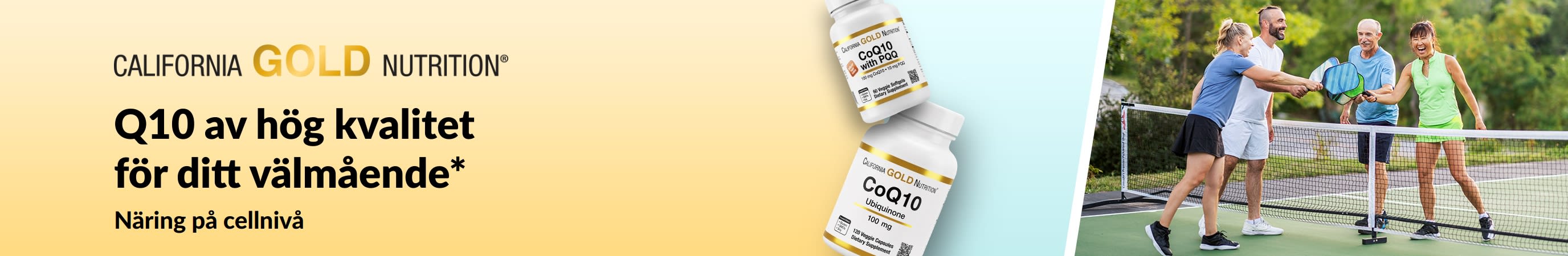 California Gold Nutrition Q10-tillskott för välmående, med produktförpackningar och aktiva vuxna som spelar pickleball.