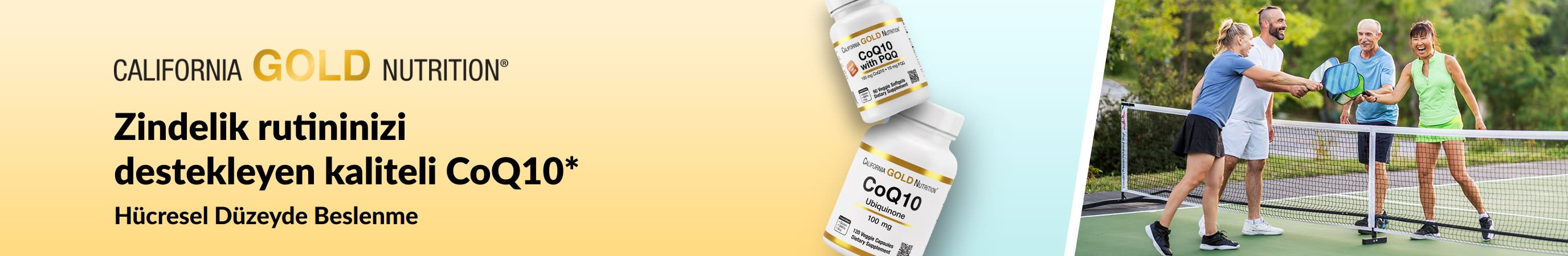 Ürün şişeleri ve pickleball oynayan aktif yetişkinlerin yer aldığı California Gold Nutrition CoQ10 zindelik takviyeleri.