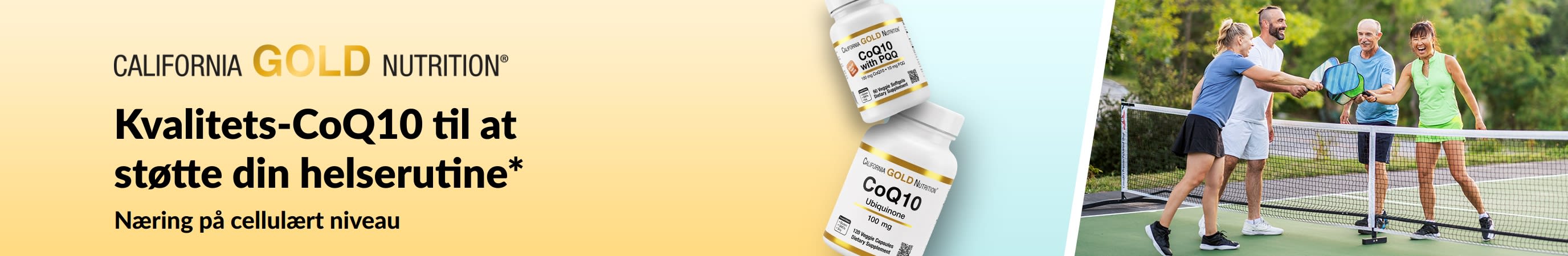 Banner med California Gold Nutrition CoQ10-kosttilskud til velvære, der viser produktflasker og voksne, der spiller pickleball.