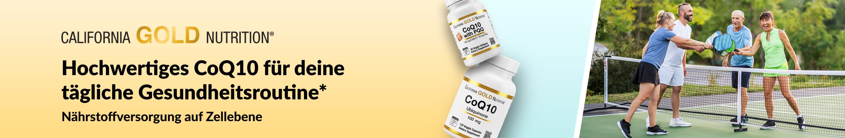 California Gold Nutrition CoQ10-Nahrungsergänzungsmittel für die Gesundheit, mit Produktflaschen und aktiven Erwachsenen beim Pickleball.