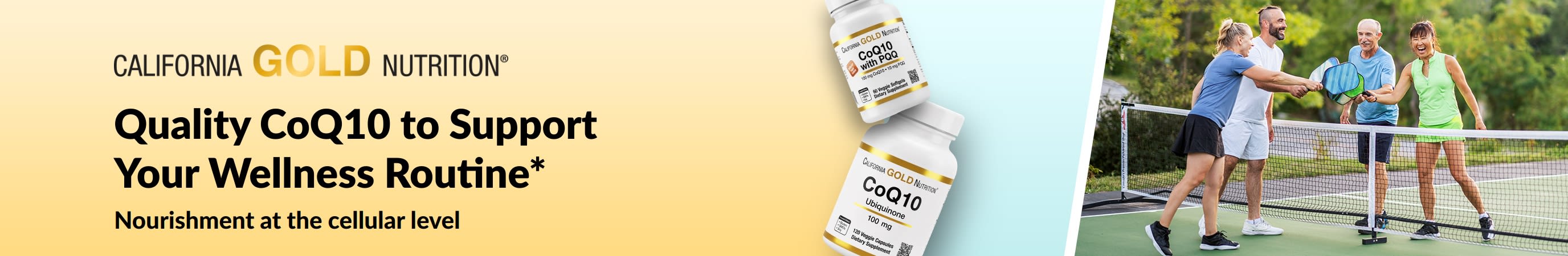 California Gold Nutrition CoQ10 supplements for wellness, showing product bottles and active adults playing pickleball.